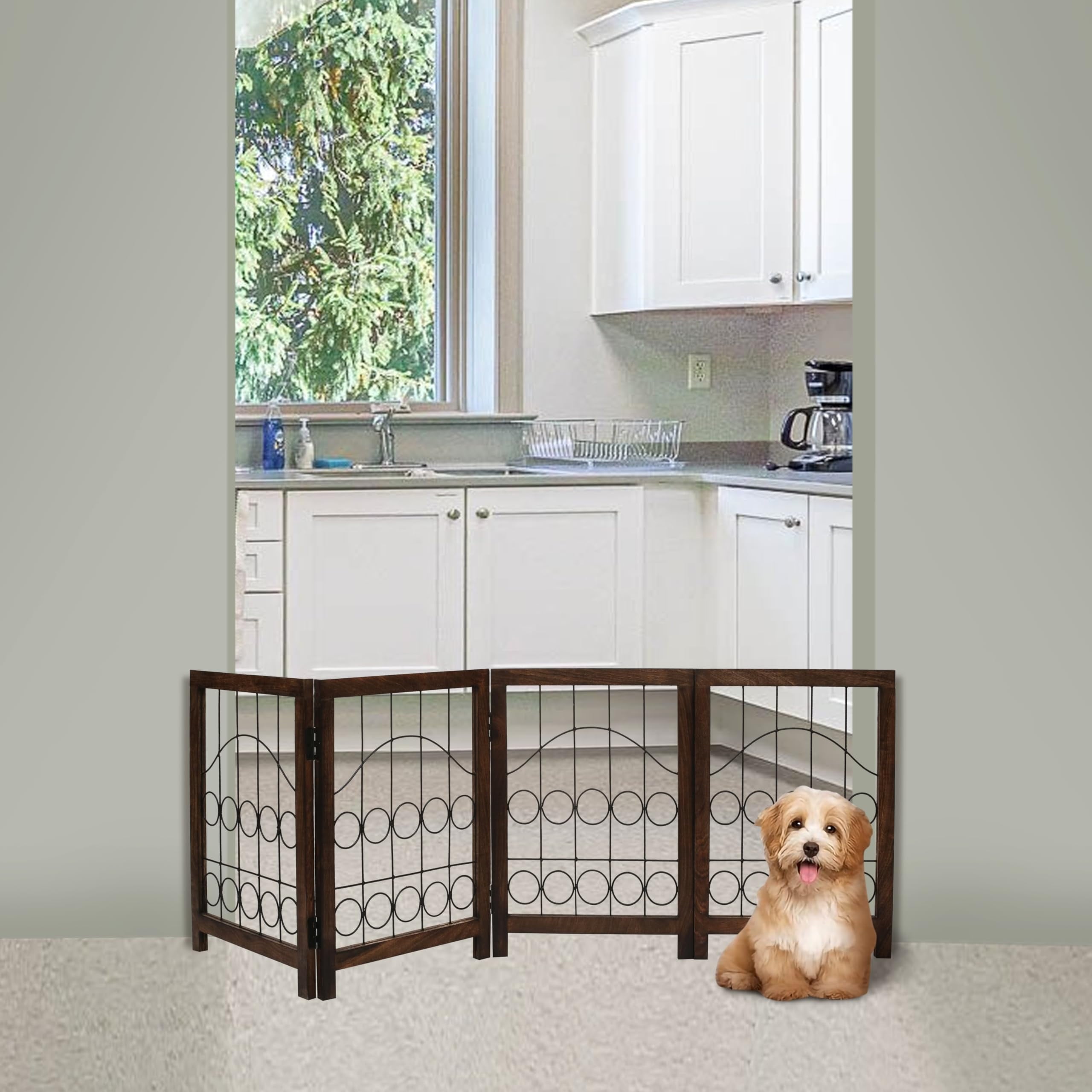 The Wooden Town Foldable Indoor Dog Gate, 4-Panel Freestanding Pet Gate with Circular Design, Burnt Finish, 72" W x 18" H