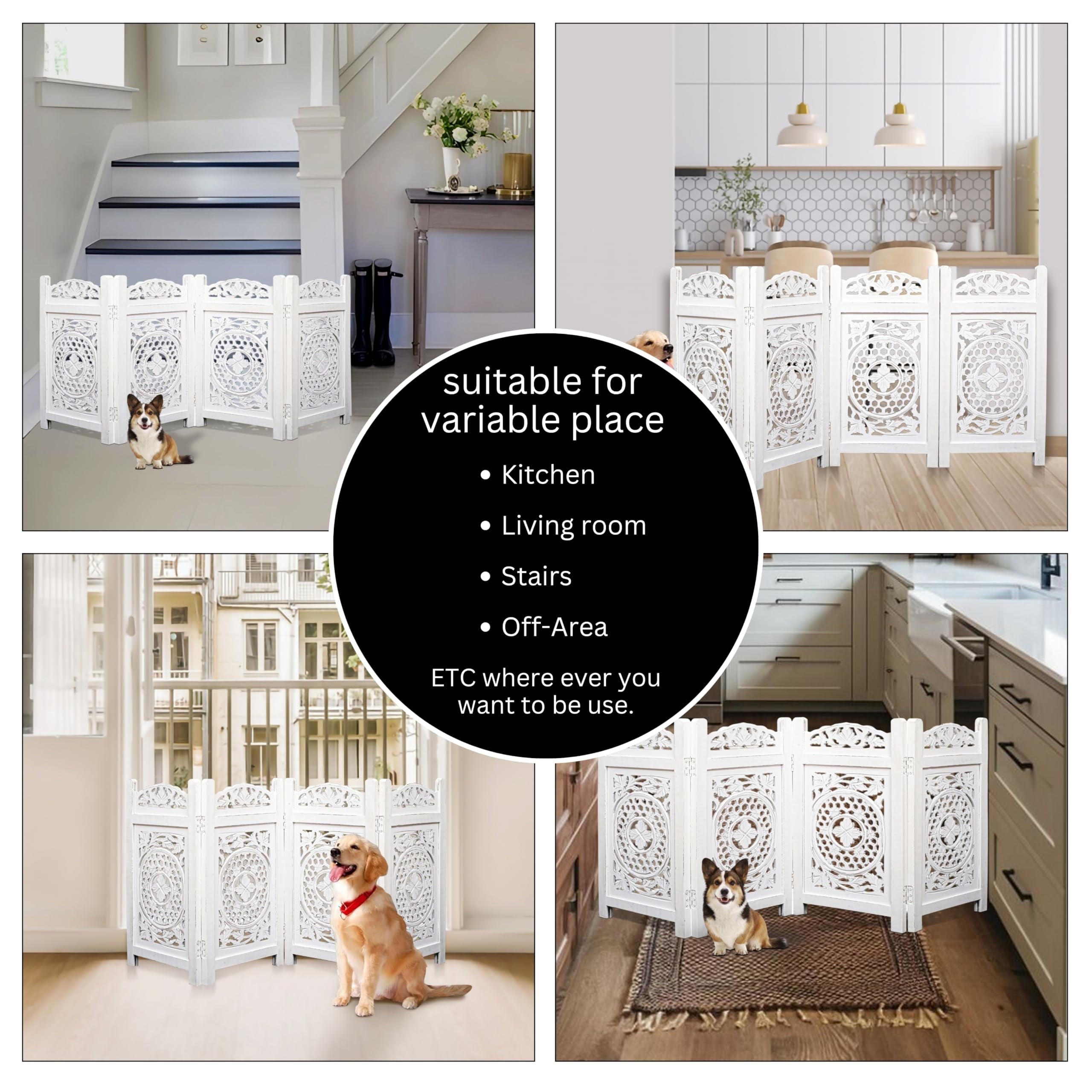 The Wooden Town Raised Wood Pet Gate, Foldable 4-Panel Freestanding Dog Gate, Hand-Carved Solid Wood & MDF, Antique White, 56" W x 28" H