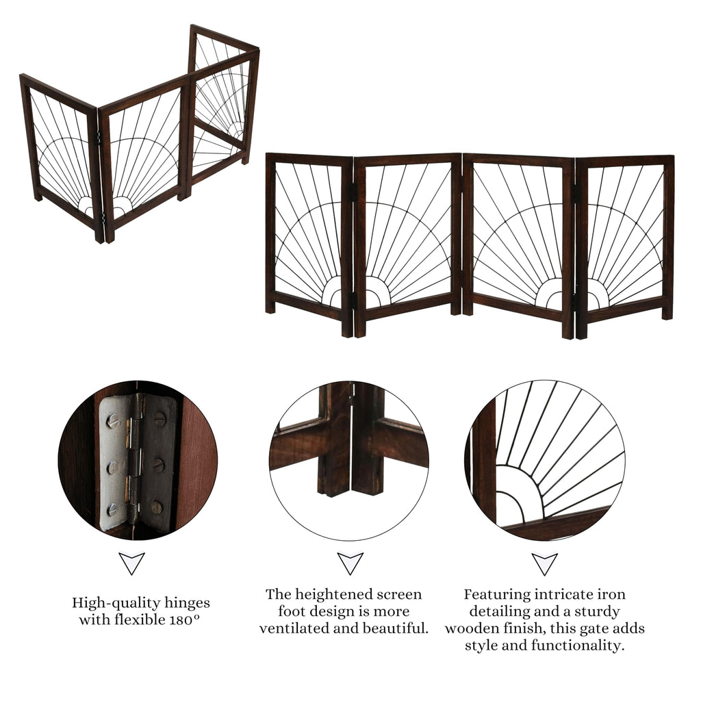 The Wooden Town Foldable Indoor Dog Gate, 4-Panel Freestanding Pet Gate with Sunshine Pattern, Burnt Finish, 72" W x 18" H