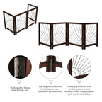 The Wooden Town Foldable Indoor Dog Gate, 4-Panel Freestanding Pet Gate with Sunshine Pattern, Burnt Finish, 72" W x 18" H