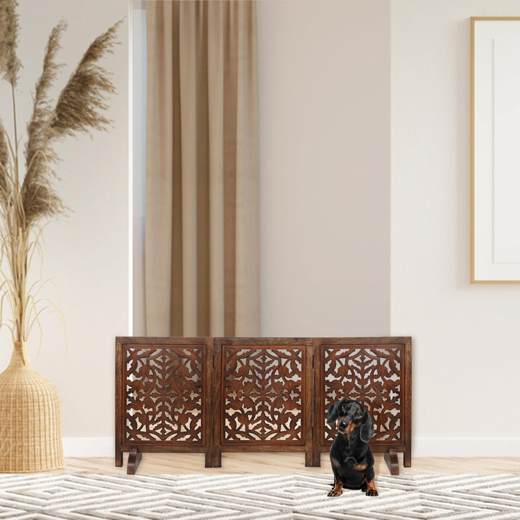 The Wooden Town Freestanding Dog Gate, Foldable 3-Panel Wooden Pet Gate, Hand-Carved Solid Wood & MDF, Burnt Finish, 54" W x 24" H