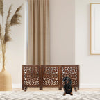 The Wooden Town Freestanding Dog Gate, Foldable 3-Panel Wooden Pet Gate, Hand-Carved Solid Wood & MDF, Burnt Finish, 54" W x 24" H