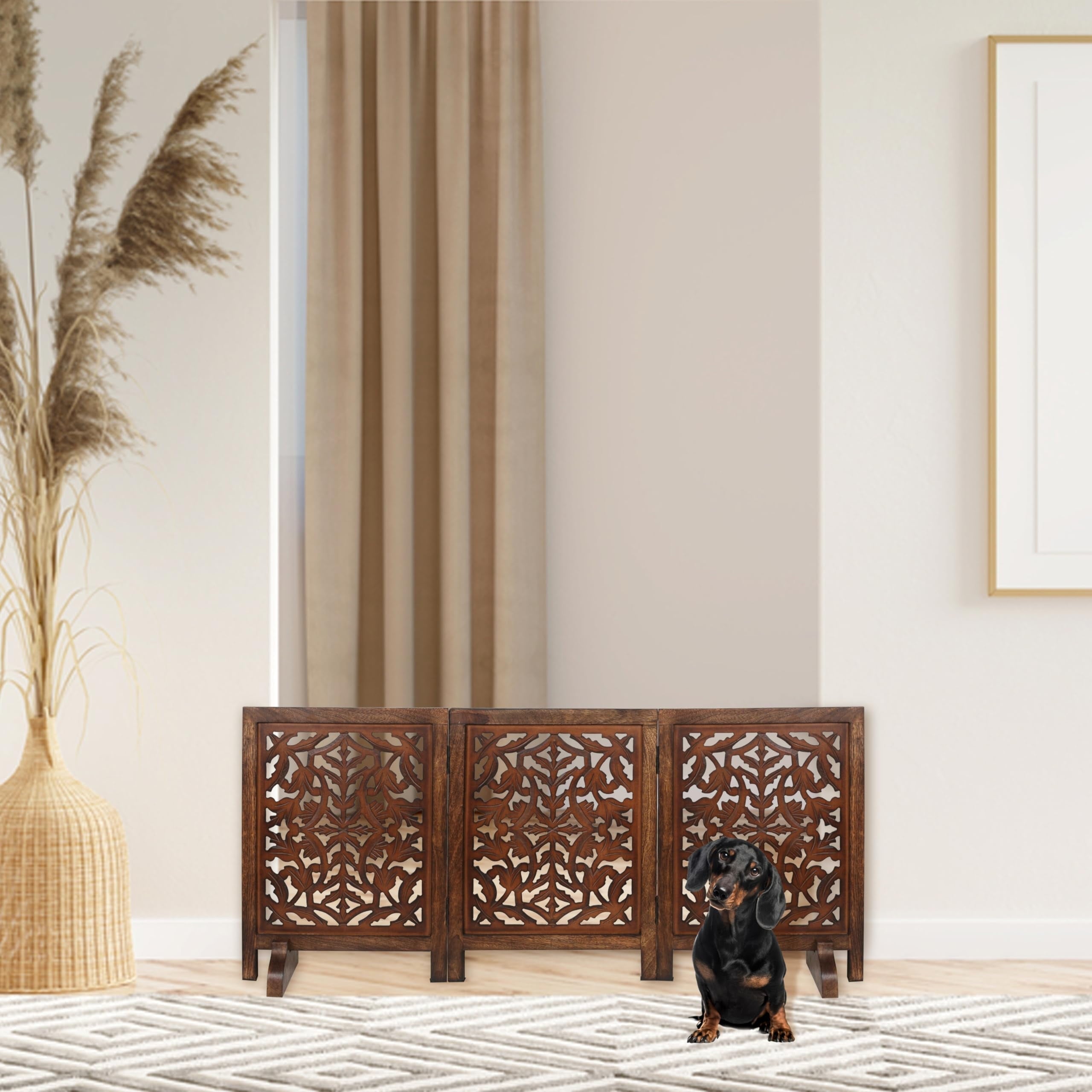 The Wooden Town Freestanding Dog Gate, Foldable 3-Panel Wooden Pet Gate, Hand-Carved Solid Wood & MDF, Burnt Finish, 54" W x 24" H