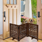 The Wooden Town Foldable 3-Panel Wooden Dog Gate with Flower Design, Freestanding Indoor Pet Barrier, Burnt Finish, 54" Wide