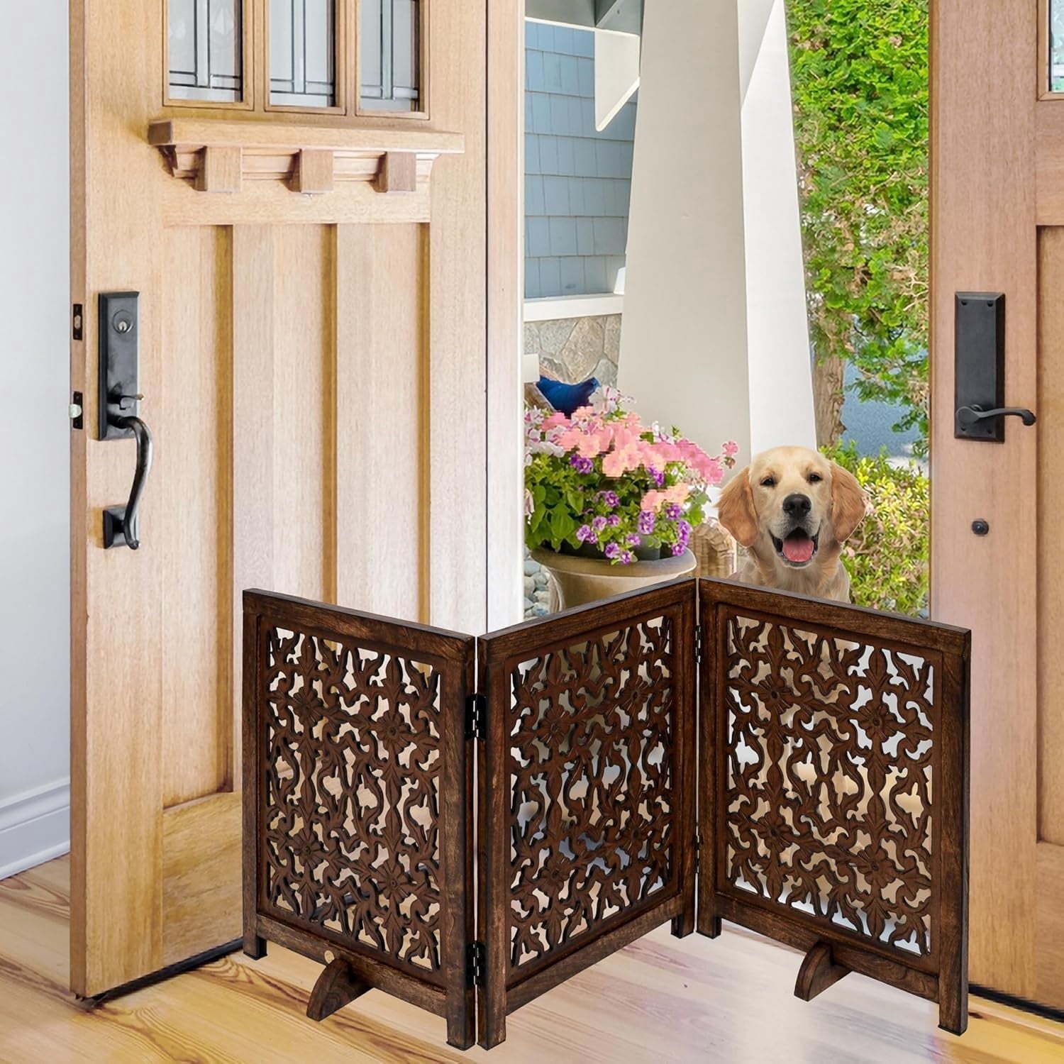 The Wooden Town Foldable 3-Panel Wooden Dog Gate with Flower Design, Freestanding Indoor Pet Barrier, Burnt Finish, 54" Wide