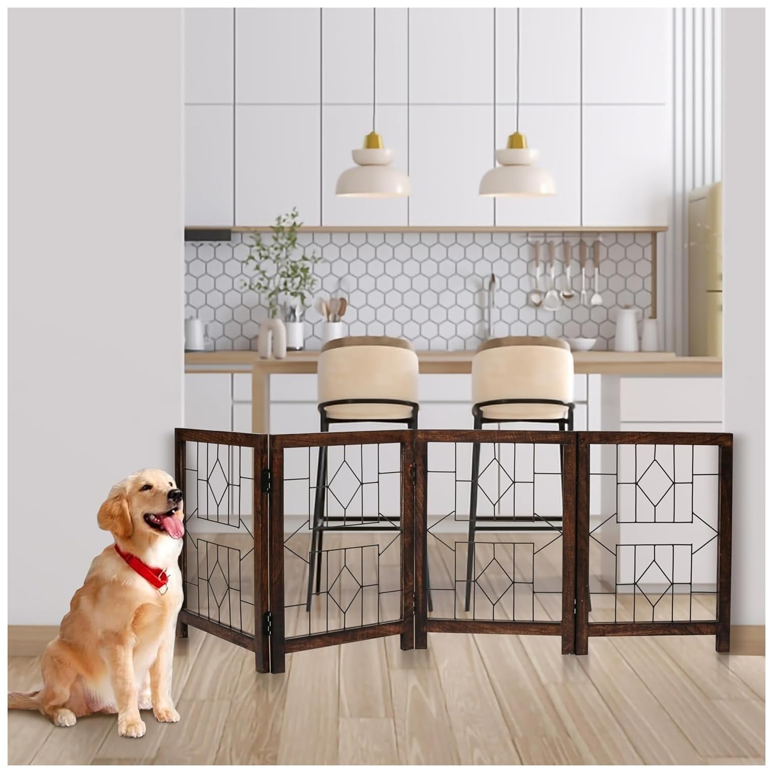 The Wooden Town Foldable Indoor Dog Gate, 4-Panel Freestanding Pet Gate with Arrow Pattern, Burnt Finish, 72" W x 18" H