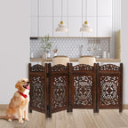 The Wooden Town Raised Wood Pet Gate, Foldable 4-Panel Freestanding Dog Gate, Hand-Carved Solid Wood & MDF, Burnt Finish, 56" W x 28" H