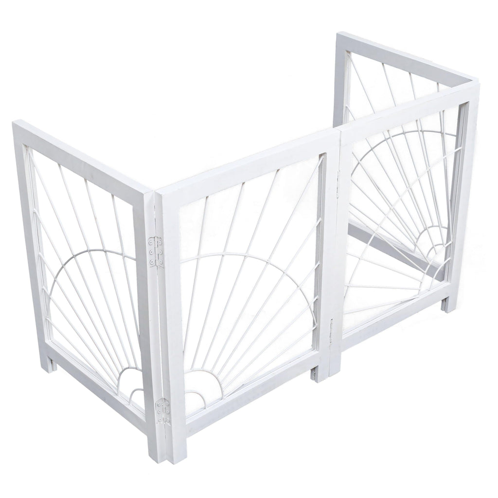 The Wooden Town Foldable Indoor Dog Gate, 4-Panel Freestanding Pet Gate with Sunshine Pattern, White Finish, 72" W x 18" H