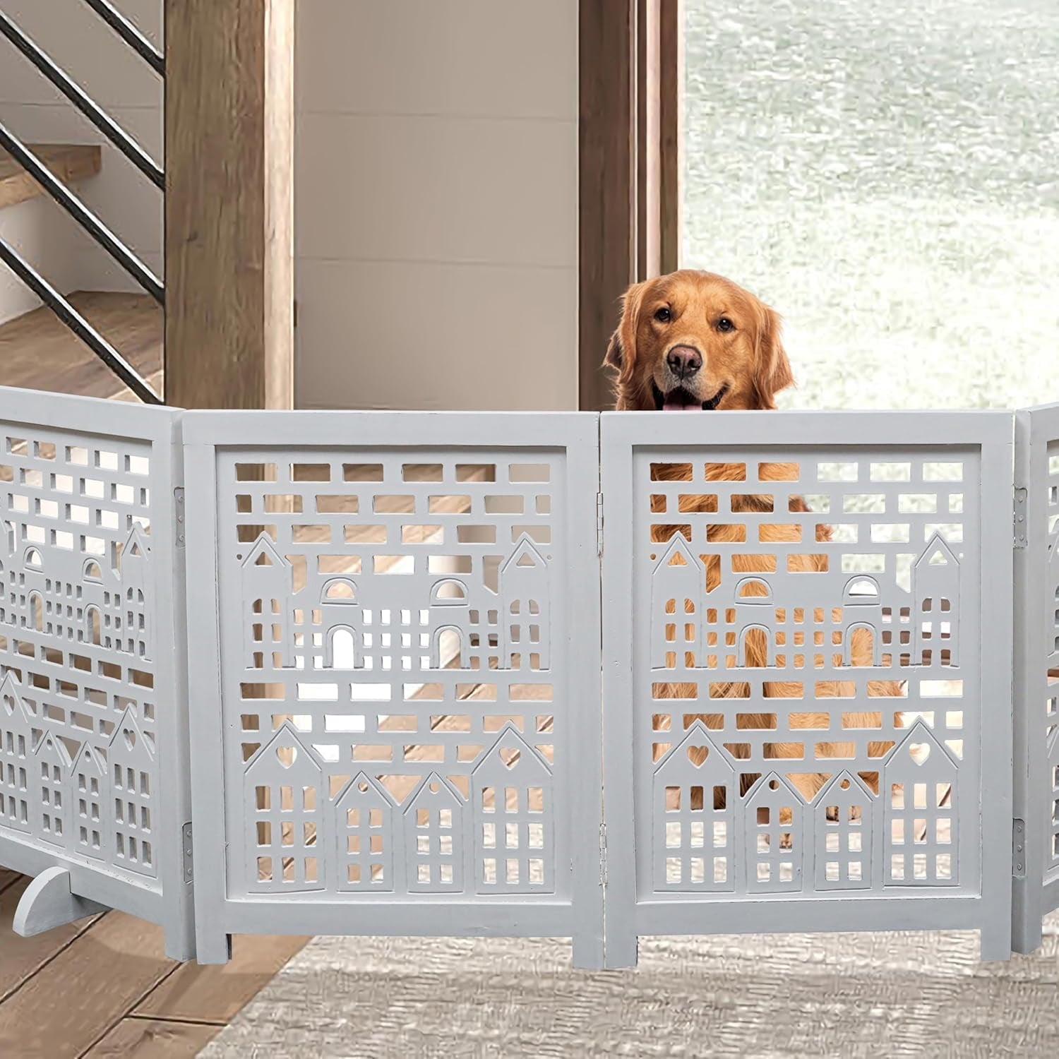 The Wooden Town Freestanding Wooden Dog Gate, Foldable 4-Panel Indoor Pet Barrier for Stairs & Doorways, White Antique, 72" Wide