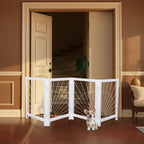 The Wooden Town Foldable Indoor Dog Gate, 4-Panel Freestanding Pet Gate with Sunshine Pattern, White Finish, 72" W x 18" H