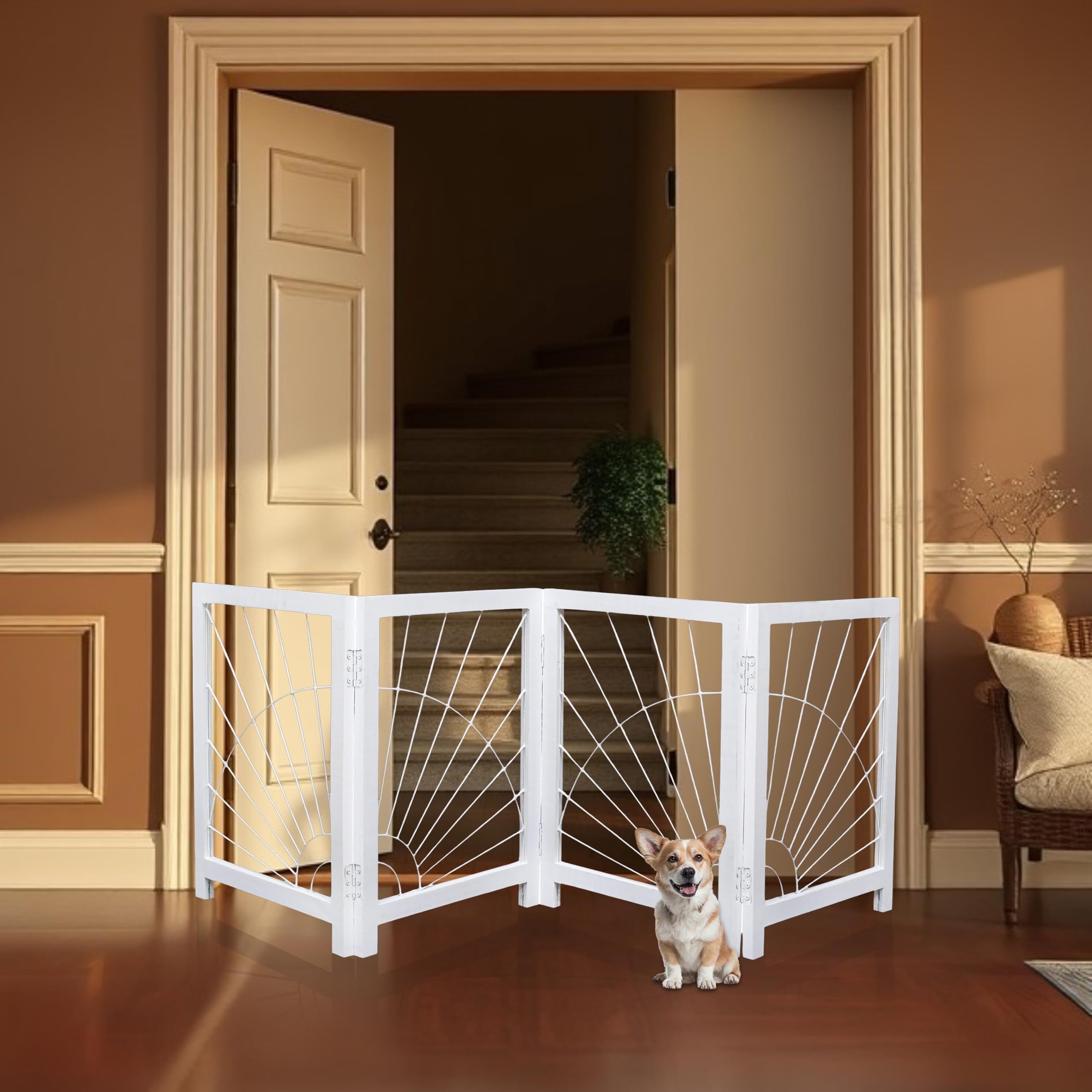 The Wooden Town Foldable Indoor Dog Gate, 4-Panel Freestanding Pet Gate with Sunshine Pattern, White Finish, 72" W x 18" H