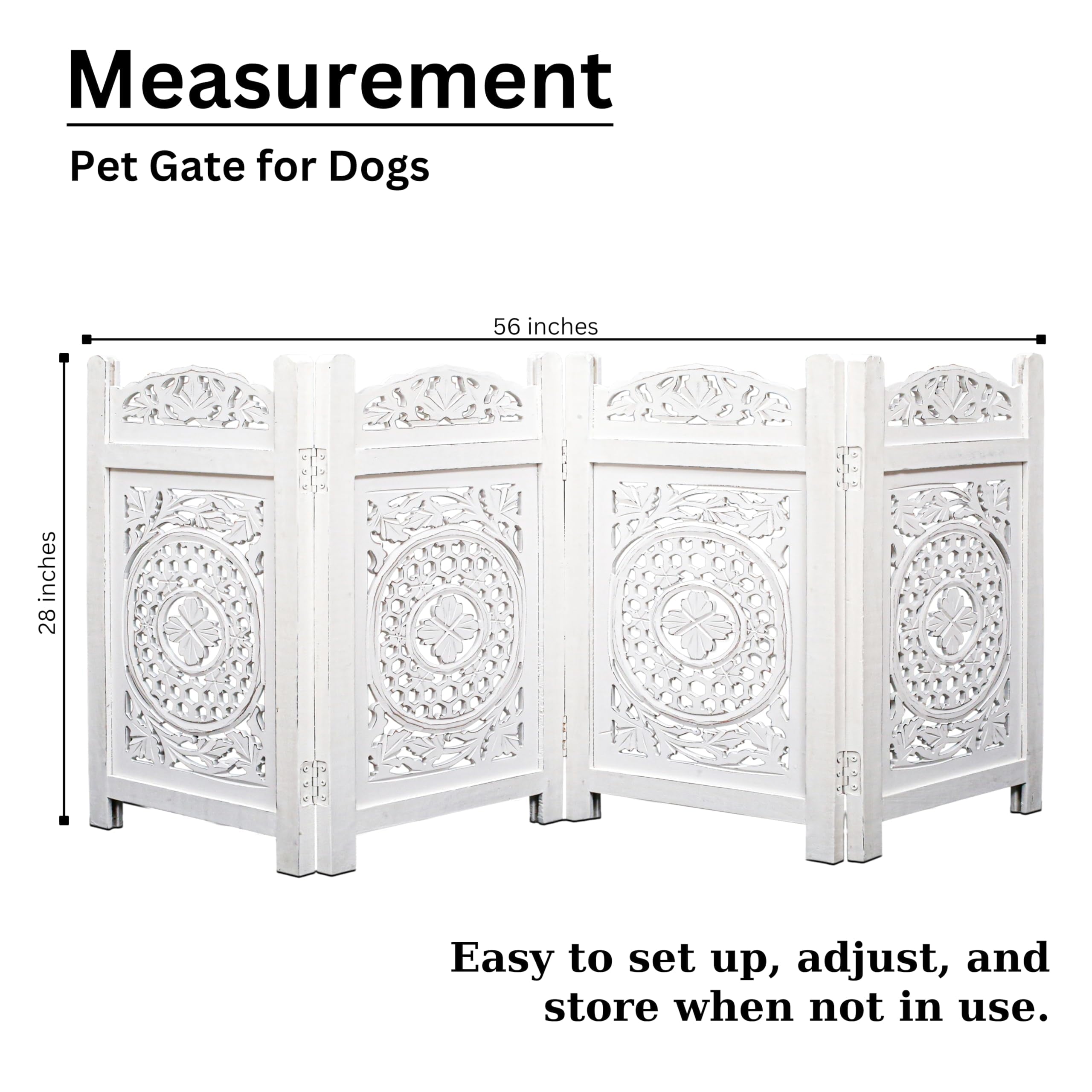 The Wooden Town Raised Wood Pet Gate, Foldable 4-Panel Freestanding Dog Gate, Hand-Carved Solid Wood & MDF, Antique White, 56" W x 28" H