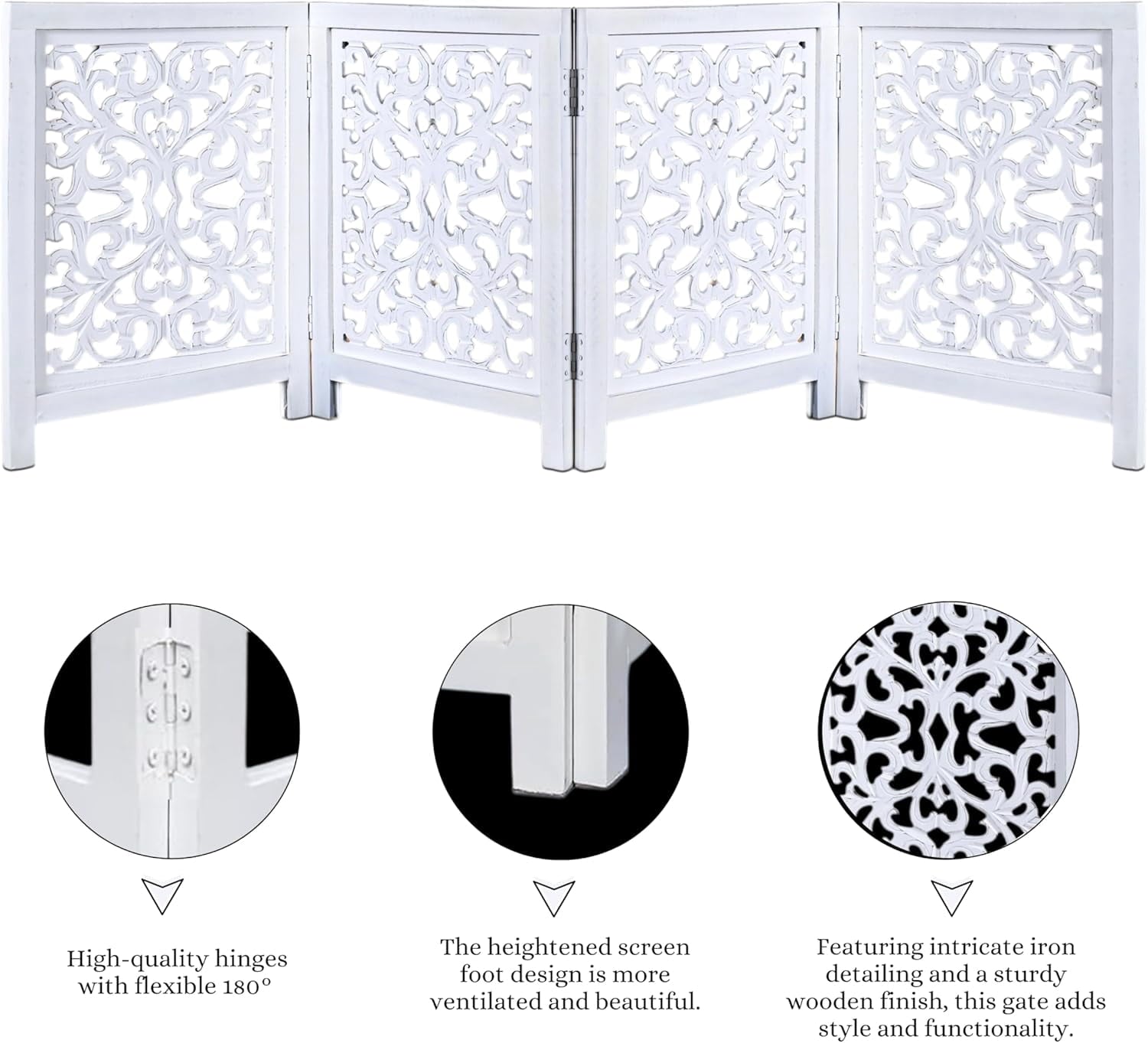 The Wooden Town Freestanding Dog Gate, Foldable 4-Panel Wooden Pet Gate for Doorways, Hallways & Stairs, Antique White, 72" W x 24" H