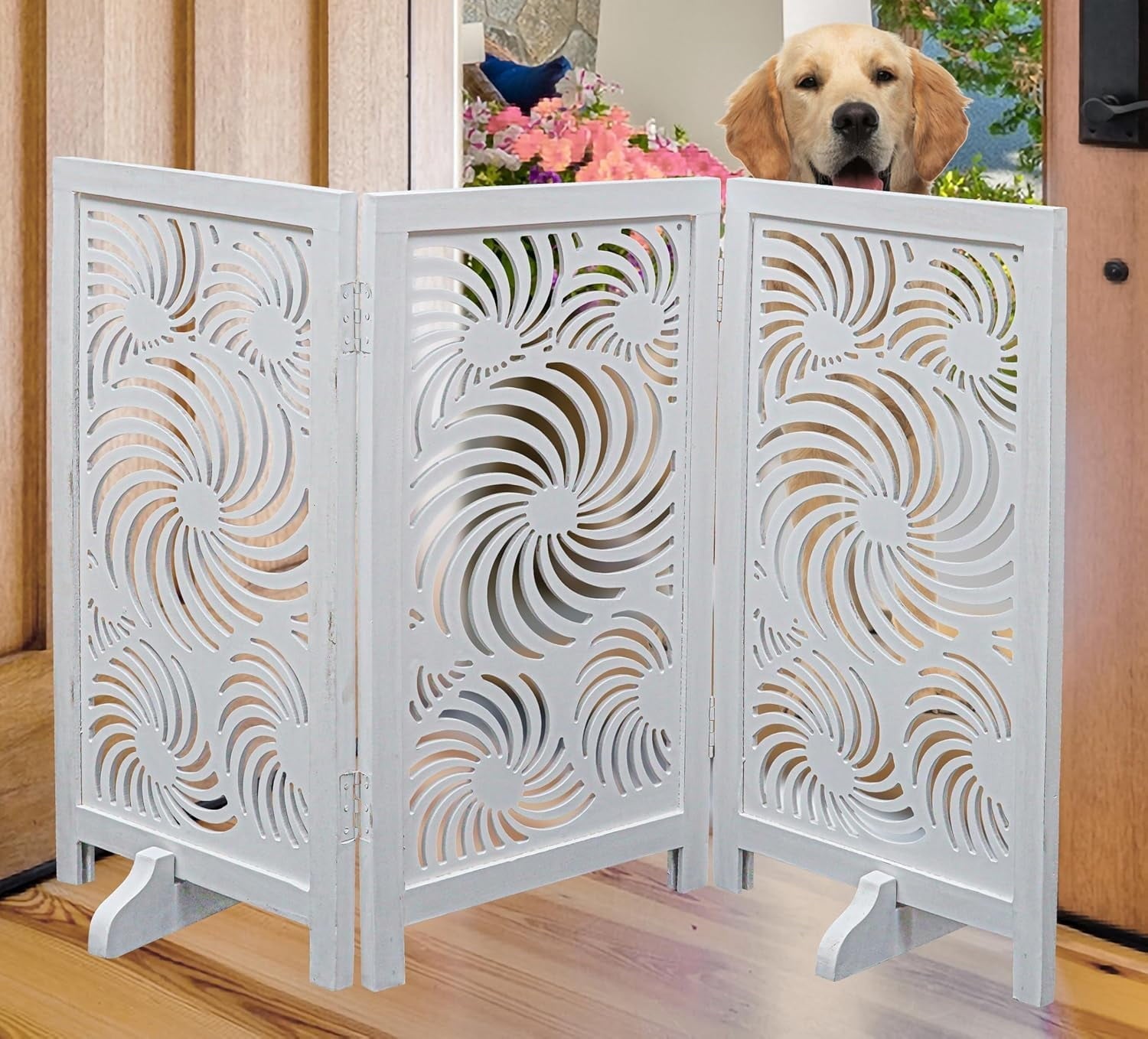 The Wooden Town Foldable 3-Panel Wooden Dog Gate with Sunflower Design, Freestanding Indoor Pet Barrier, White Antique, 48" Wide