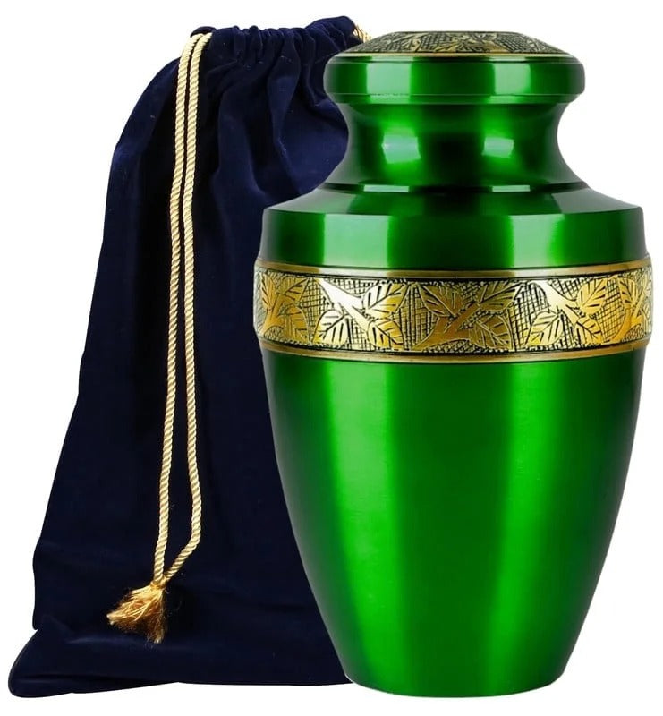 ALPHA Living HOME Cremation Urns for Human Ashes Adult – Handcrafted Metal Memorial Urn with Tree Engraving & Velvet Carry Bag, Decorative Funeral Burial Urn with Secure Screw Lid (Green & Gold)