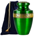 ALPHA Living HOME Cremation Urns for Human Ashes Adult – Handcrafted Metal Memorial Urn with Tree Engraving & Velvet Carry Bag, Decorative Funeral Burial Urn with Secure Screw Lid (Green & Gold)