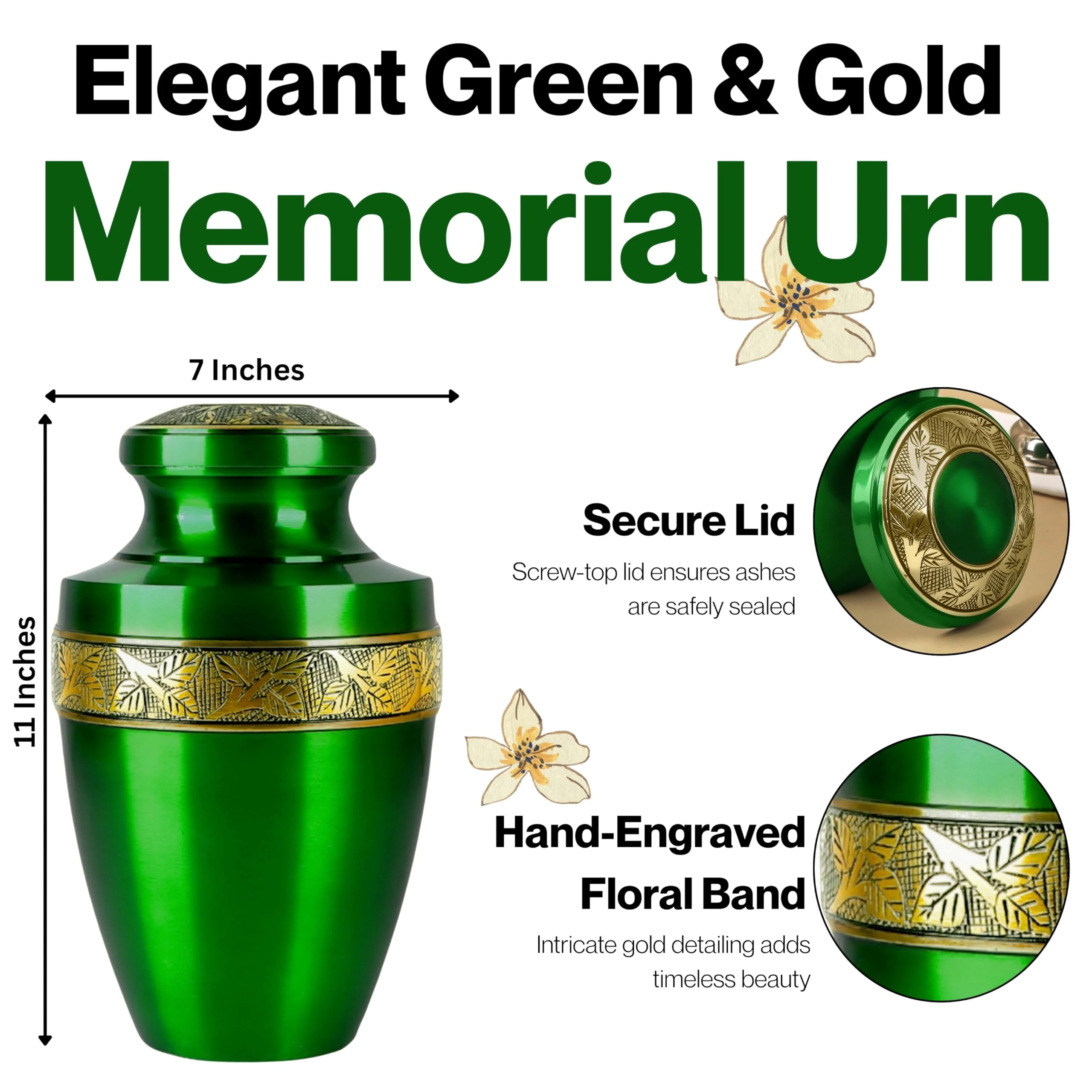 ALPHA Living HOME Cremation Urns for Human Ashes Adult – Handcrafted Metal Memorial Urn with Tree Engraving & Velvet Carry Bag, Decorative Funeral Burial Urn with Secure Screw Lid (Green & Gold)