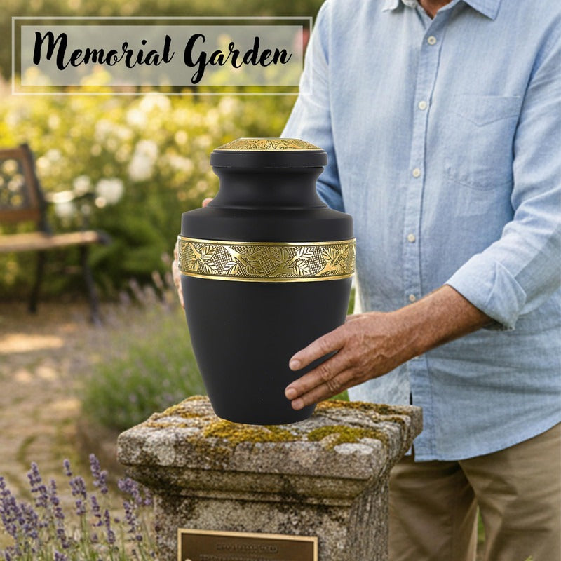 Cremation Urns for Human Ashes Adult – Handcrafted Aluminum Memorial Urn with Gold Leaf Engraving & Velvet Carry Bag, Decorative Funeral Burial Urn with Secure Screw Lid, (Black & Gold)