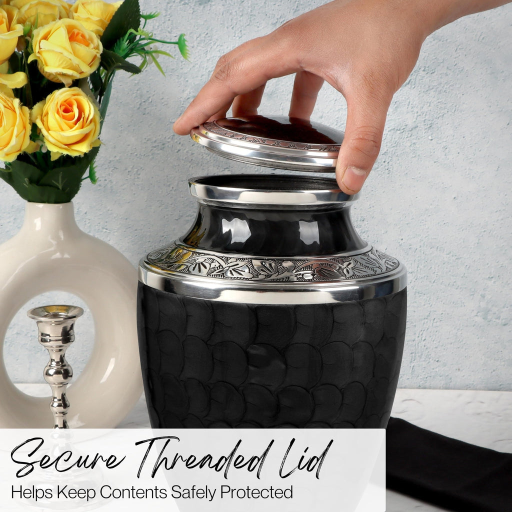 Cremation Urns for Human Ashes Adult – Handcrafted Aluminum Memorial Urn with Gold Leaf Engraving & Velvet Carry Bag, Decorative Funeral Burial Urn with Secure Screw Lid, (Black & Gold)