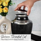 Cremation Urns for Human Ashes Adult – Handcrafted Aluminum Memorial Urn with Gold Leaf Engraving & Velvet Carry Bag, Decorative Funeral Burial Urn with Secure Screw Lid, (Black & Gold)