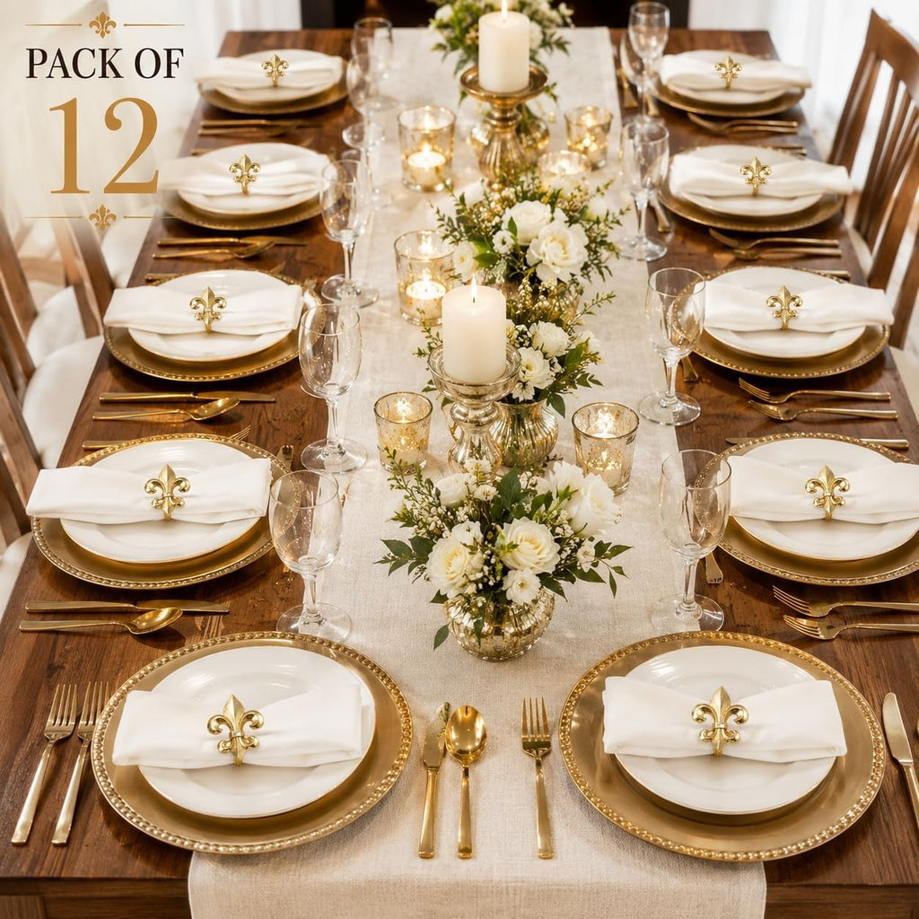 Gold Napkin Rings Set of 12 - Fleur De Lis Metal Napkin Ring Holders for Wedding, Thanksgiving, Christmas & Dining Table Decor - ALPHA Living HOME