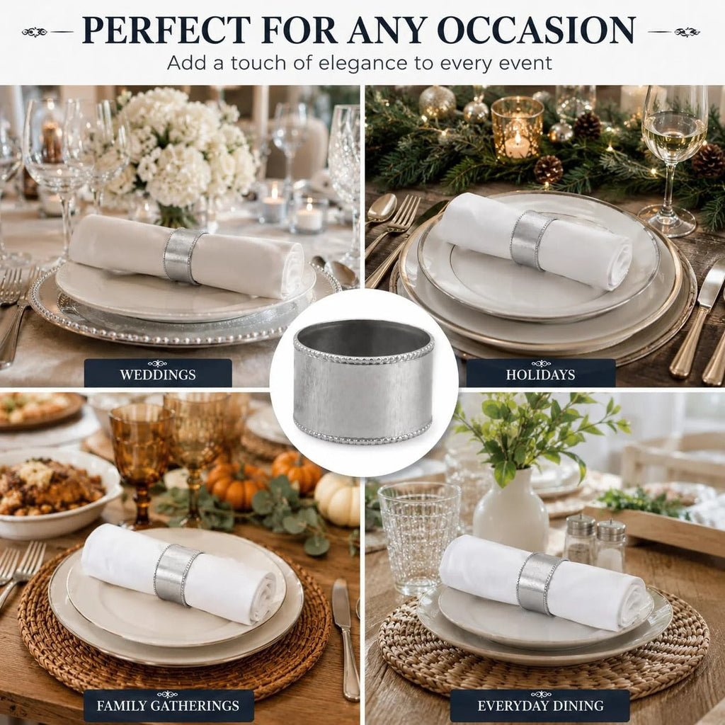 ALPHA Living HOME Silver Napkin Rings Set of 12 Premium, 100% Metal Rust-Resistant Décor - Handcrafted French-Style Metal Holders 2" for Thanksgiving, Christmas, Parties & Everyday Dining