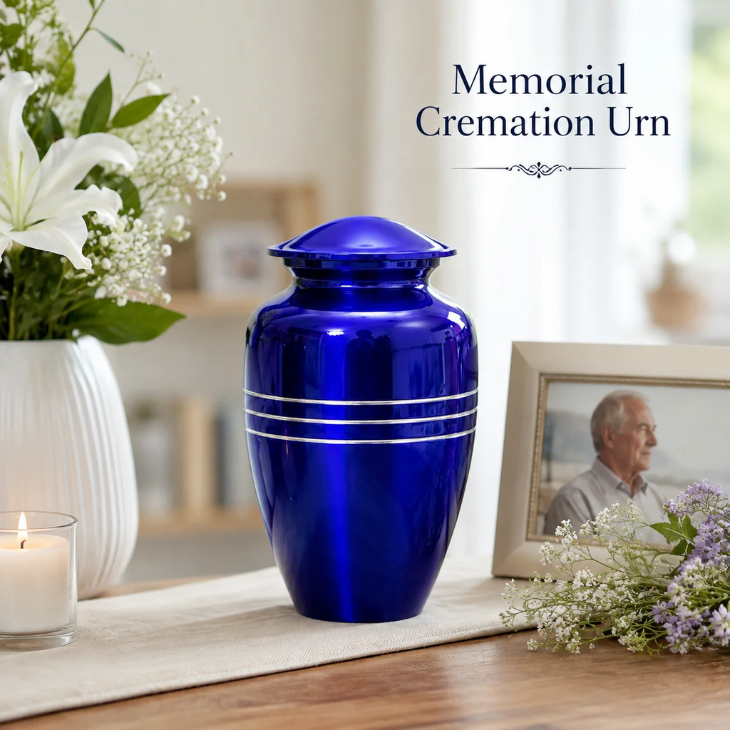 Memorials Cremation Urns for Human Ashes Cremation Urn Funeral Urns for Adult Female & Male Decorative Burial Urn Holds Large up to 220 lbs (Blue Silver) - ALPHA Living HOME