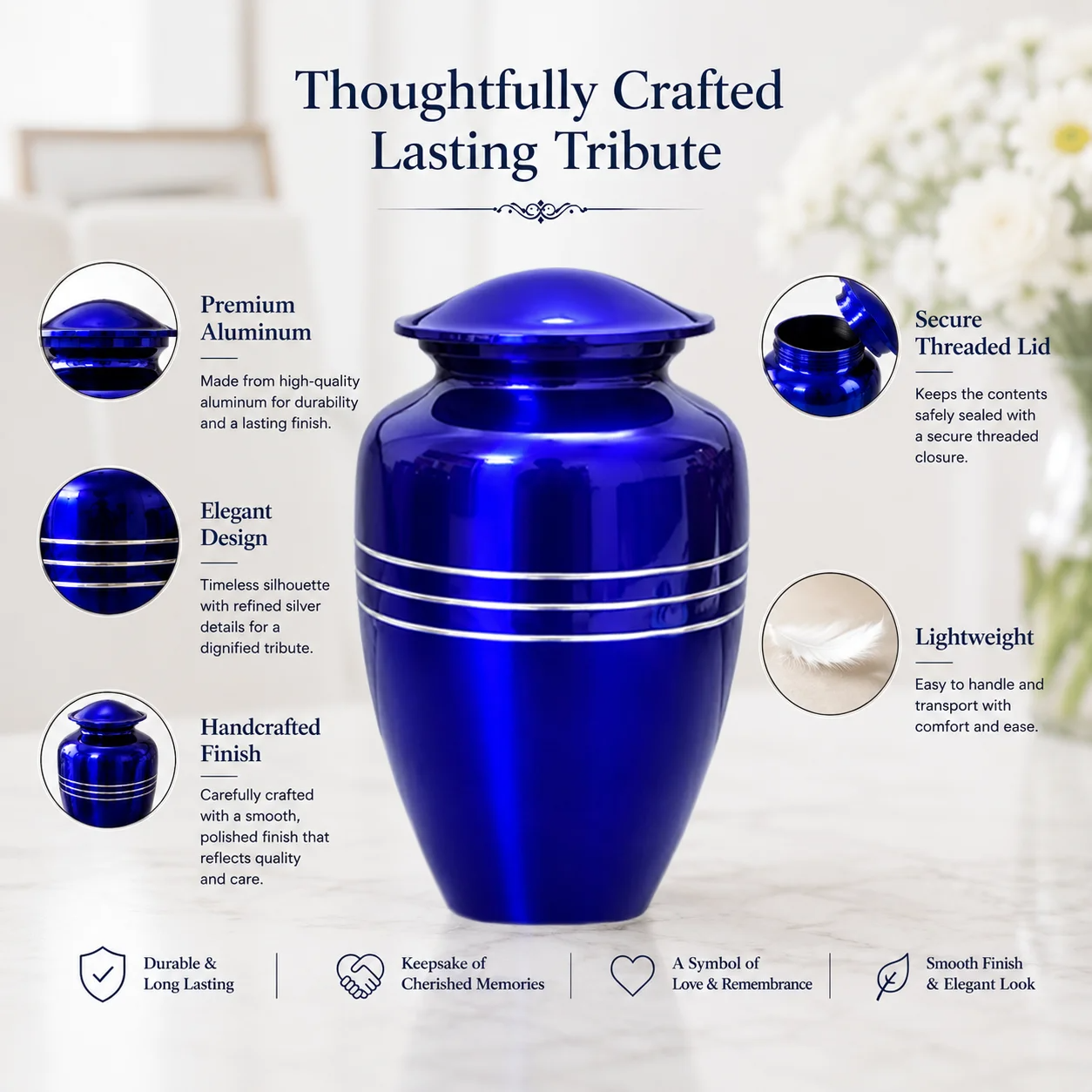 Memorials Cremation Urns for Human Ashes Cremation Urn Funeral Urns for Adult Female & Male Decorative Burial Urn Holds Large up to 220 lbs (Blue Silver) - ALPHA Living HOME