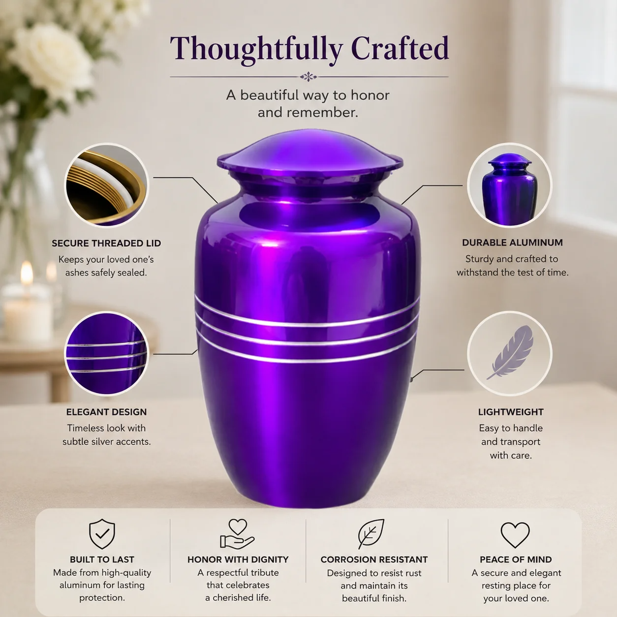 Memorials Cremation Urns for Human Ashes Cremation Urn Funeral Urns for Adult Female & Male Decorative Burial Urn Holds Large up to 220 lbs (Purple Silver) - ALPHA Living HOME