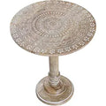 ALPHA Living Home Solid Wood End Table, Whitewash Mandala Small Round Side Table, 18 x 22 Inch Wooden Accent Nightstand for Living Room, Bedroom, Sofa Side & Bedside