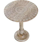 ALPHA Living Home Solid Wood End Table, Whitewash Mandala Small Round Side Table, 18 x 22 Inch Wooden Accent Nightstand for Living Room, Bedroom, Sofa Side & Bedside