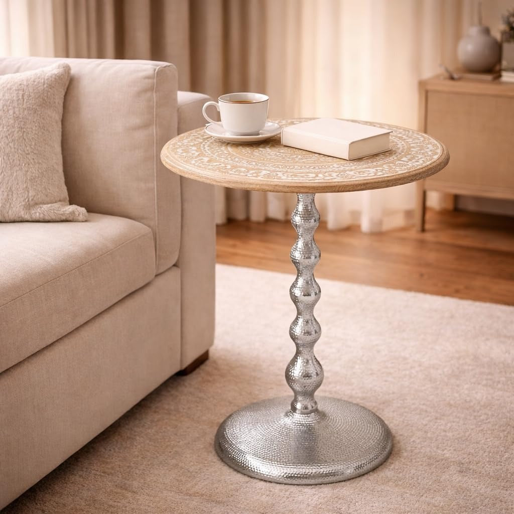 Modern End Table with Wood Top & Aluminum Base for Living Room, Bedroom & Sofa Side | Contemporary Side Table Accent Furniture for Small Spaces | Stylish Metal End Table - White Wash