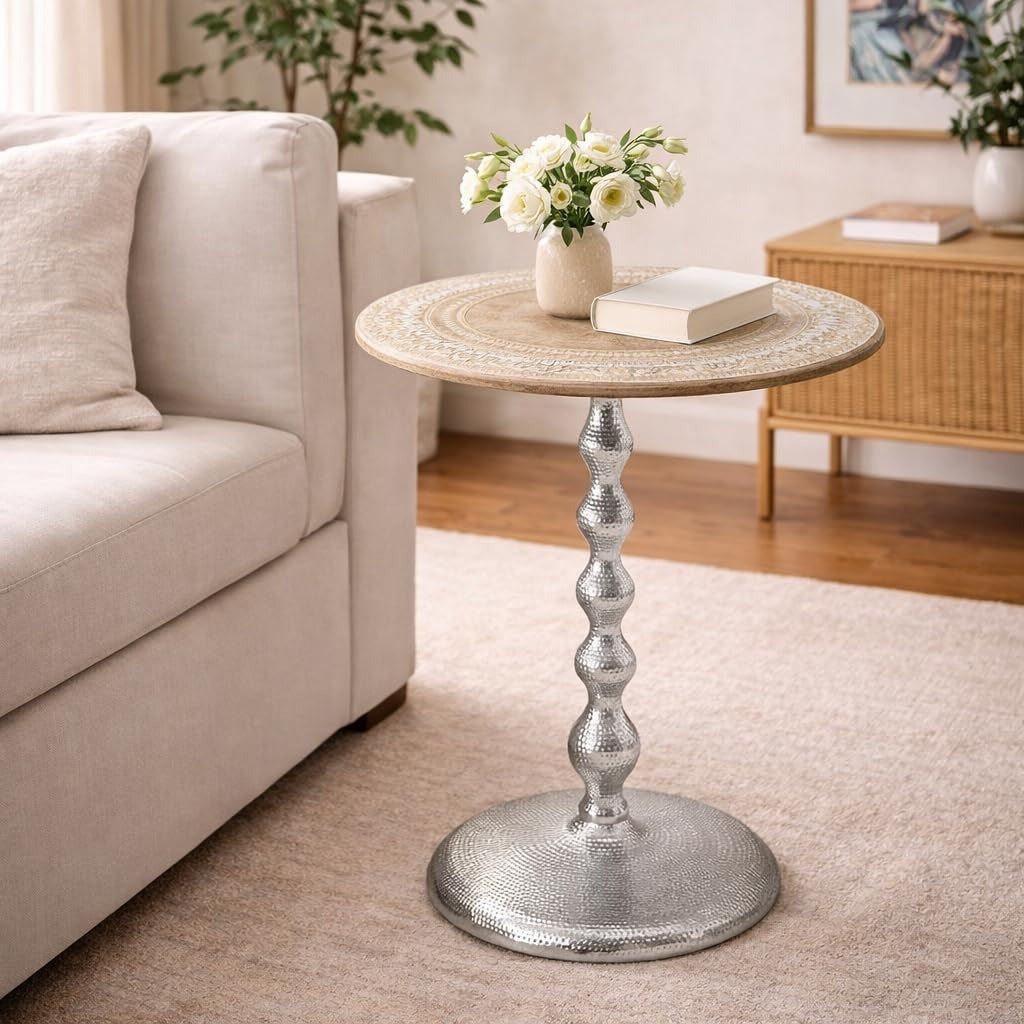Modern End Table with Wood Top & Aluminum Base for Living Room, Bedroom & Sofa Side | Contemporary Side Table Accent Furniture for Small Spaces | Stylish Metal End Table - White Wash