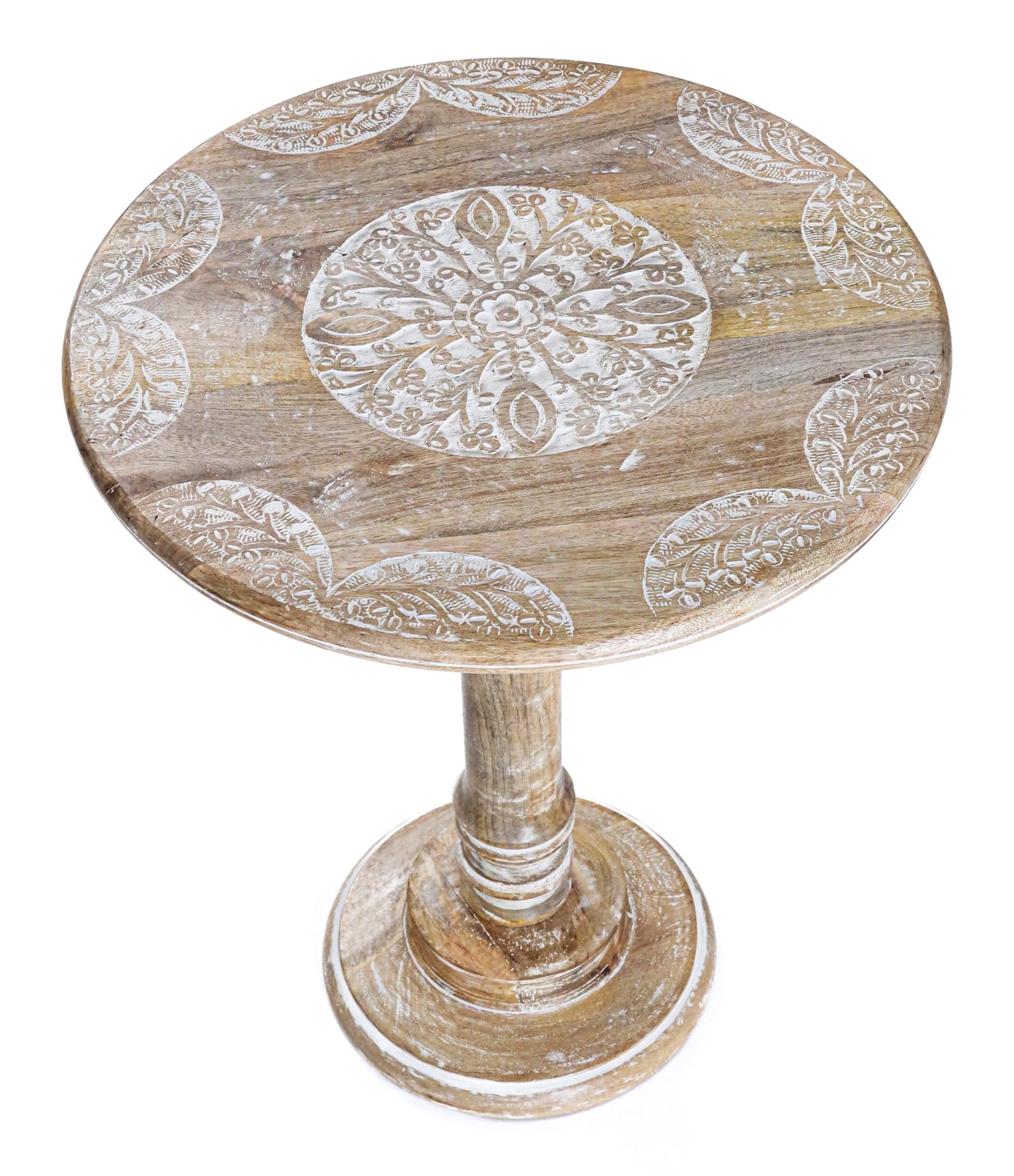 ALPHA Living Home Solid Wood End Table, Whitewash Flowers Small Round Side Table, 18 x 22 Inch Wooden Accent Nightstand for Living Room, Bedroom, Sofa Side & Bedside