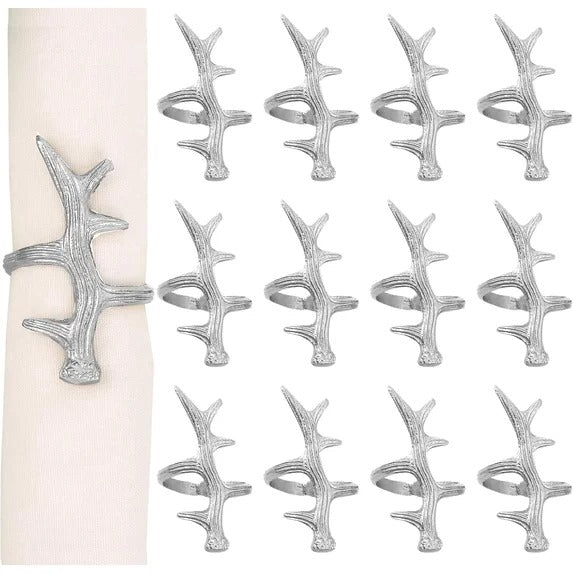 Set of 12 Antler Napkin Rings for Dining Table Décor - Rustic Metal Napkin Holder Rings for Christmas, Weddings, Parties, Holiday Dinner & Everyday Use (Silver) - ALPHA Living HOME