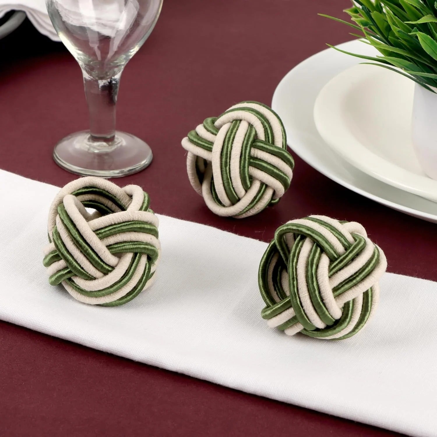 ALPHA Living HOME Modern Woven Napkin Rings Set of 12 - Green/White Polyester & Jute Table Decor for Weddings, Parties & Everyday Dining - Elegant & Durable Accessories (Green White)
