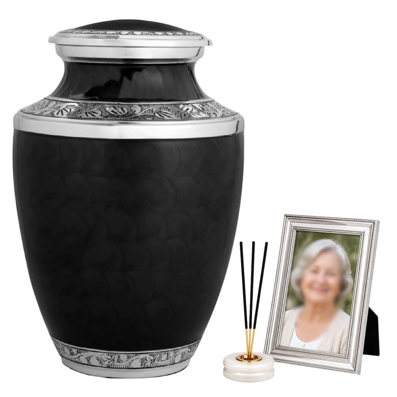 Alpha Living Home Urns for Human Ashes Adult Female and Male 200+ Cubic Inches, Decorative Burial Urn, Funeral Cremation Urns for Women and Men, Handcrafted Urn for Ashes Adult 10" Black Silver