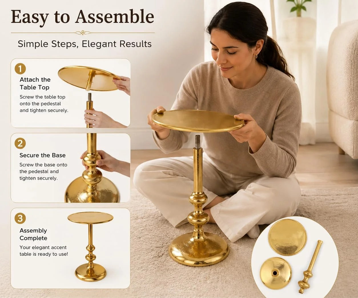 ALPHA Livng HOME Gold Accent Side Table, 15 x 21 Inch Round Metal End Table, Pedestal Cocktail and Drink Table for Living Room, Bedroom & Small Spaces, Vintage Brass Style Décor