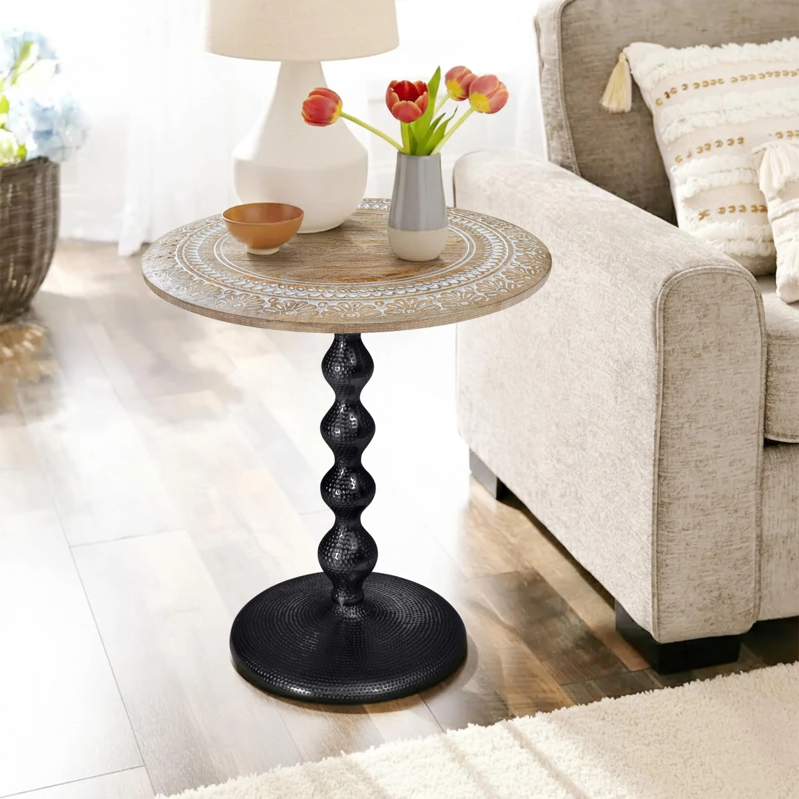 Contemporary End Table with Wooden Top & Aluminum Metal Base for Living Room | Modern Side Table for Bedroom, Sofa Side & Small Spaces | Stylish Accent End Table