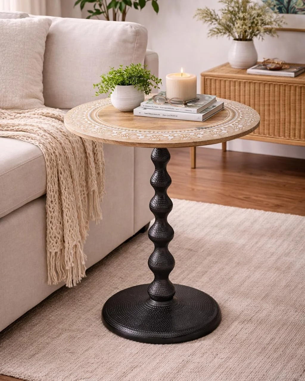 Contemporary End Table with Wooden Top & Aluminum Metal Base for Living Room | Modern Side Table for Bedroom, Sofa Side & Small Spaces | Stylish Accent End Table