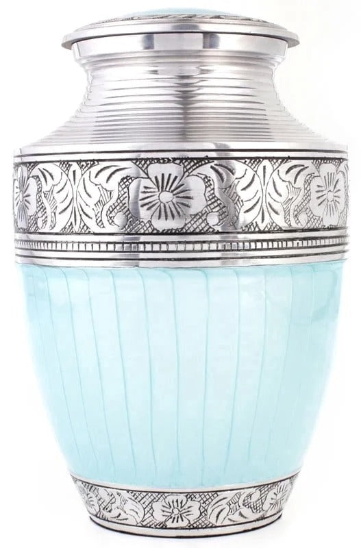 ALPHA Living HOME Cremation Urns for Human Ashes Adult – Handcrafted Aluminum Memorial Funeral Urn with Silver Engraving, Decorative Burial Urn with Secure Screw Lid, (Sky Blue & Silver)
