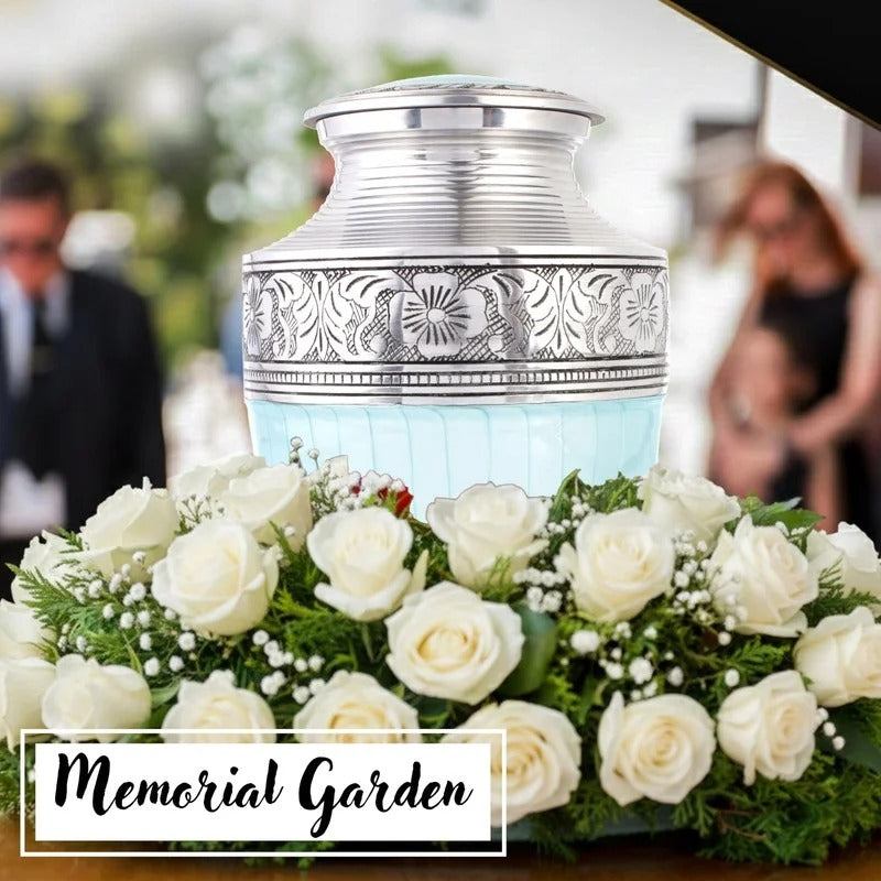 ALPHA Living HOME Cremation Urns for Human Ashes Adult – Handcrafted Aluminum Memorial Funeral Urn with Silver Engraving, Decorative Burial Urn with Secure Screw Lid, (Sky Blue & Silver)