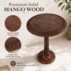 Farmhouse Side Table, Burnt Brown Carved Rim Solid Mango Wood Round End Table, Rustic Wooden Accent Table for Living Room, Bedroom & Sofa Side