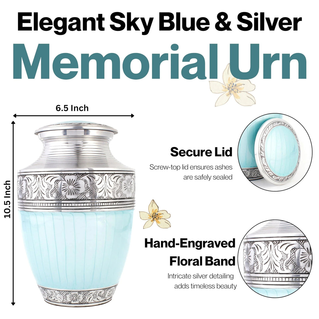 ALPHA Living HOME Cremation Urns for Human Ashes Adult – Handcrafted Aluminum Memorial Funeral Urn with Silver Engraving, Decorative Burial Urn with Secure Screw Lid, (Sky Blue & Silver)