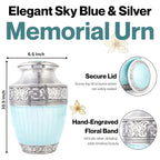 ALPHA Living HOME Cremation Urns for Human Ashes Adult – Handcrafted Aluminum Memorial Funeral Urn with Silver Engraving, Decorative Burial Urn with Secure Screw Lid, (Sky Blue & Silver)