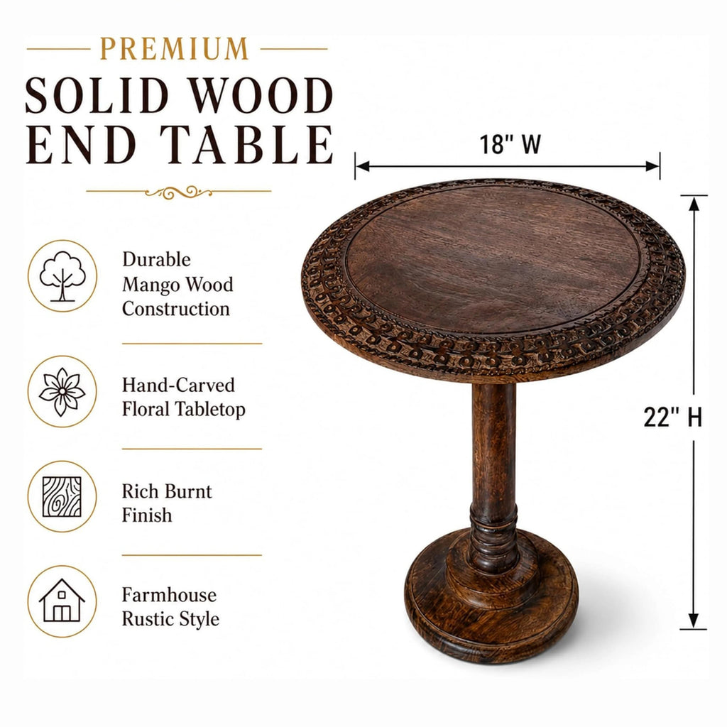 Farmhouse Side Table, Burnt Brown Carved Rim Solid Mango Wood Round End Table, Rustic Wooden Accent Table for Living Room, Bedroom & Sofa Side