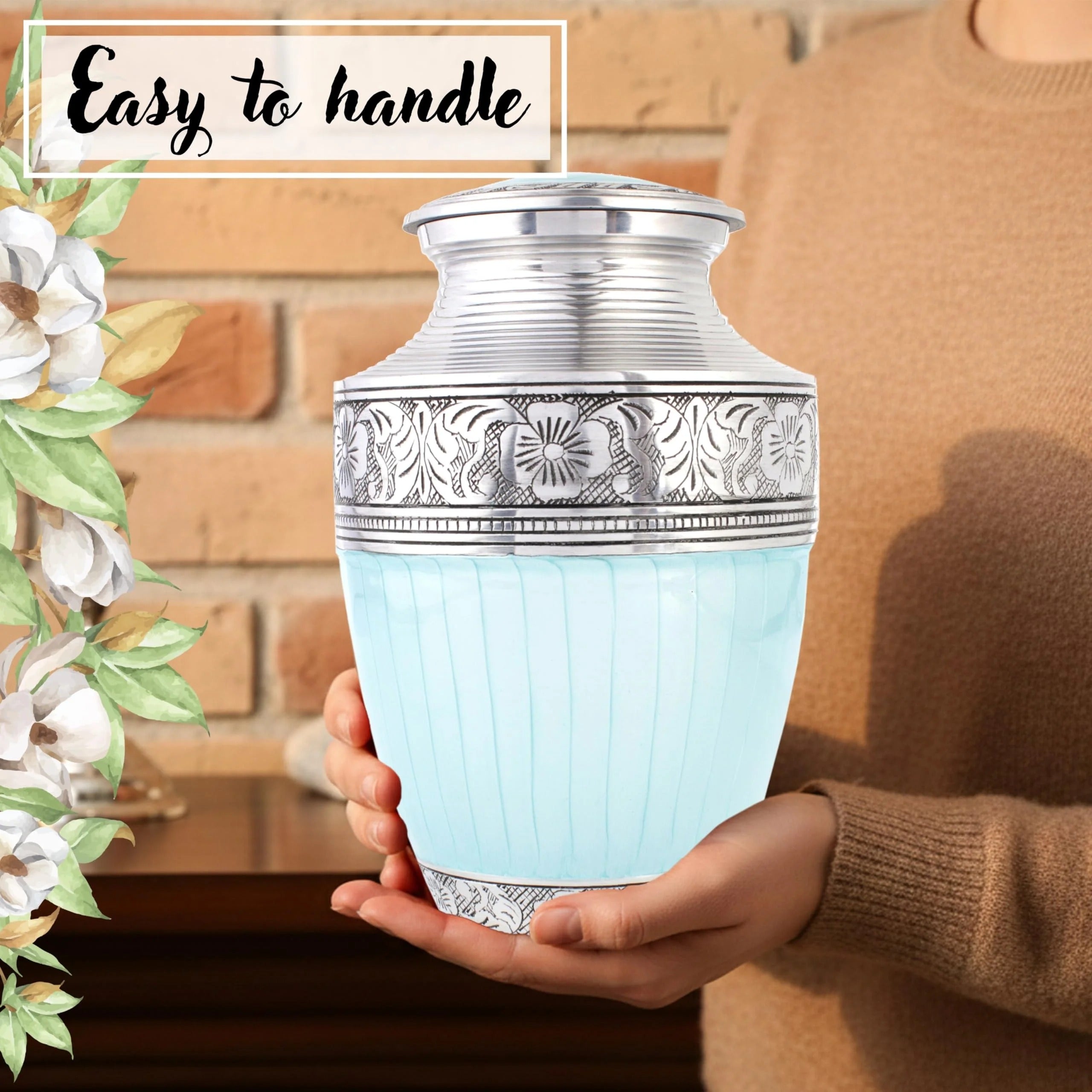 ALPHA Living HOME Cremation Urns for Human Ashes Adult – Handcrafted Aluminum Memorial Funeral Urn with Silver Engraving, Decorative Burial Urn with Secure Screw Lid, (Sky Blue & Silver)