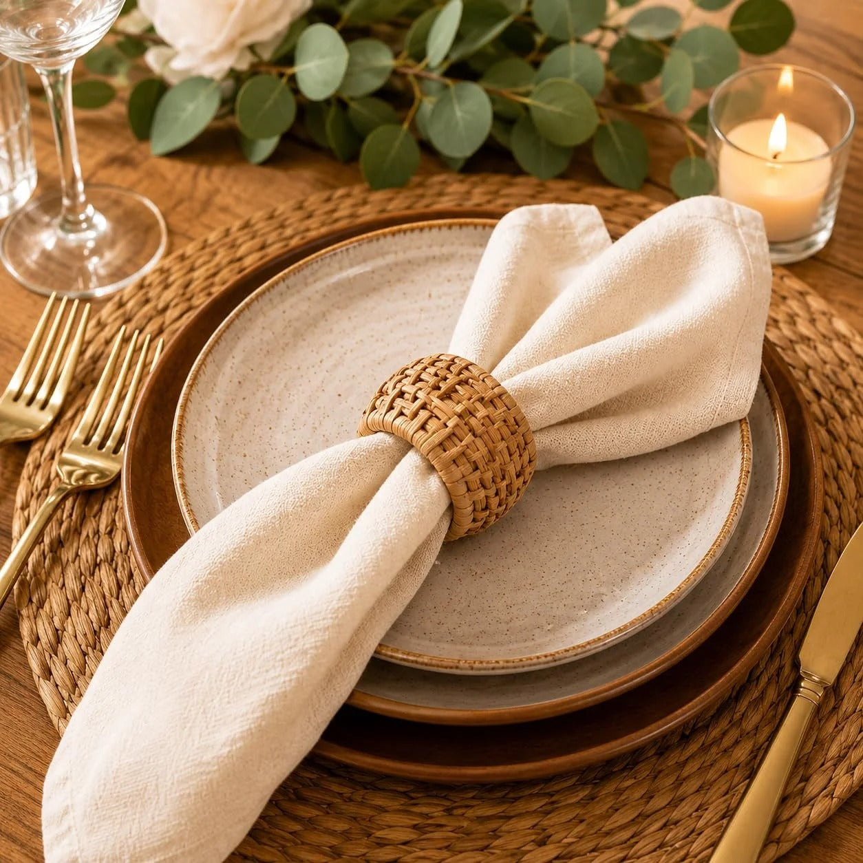 Woven Cane Napkin Rings for Table Settings,Textured Cane Napkin Holder Set of 36 , Boho Chic Dining Beach House Decor & Chic Dining Accessory (Brown) - ALPHA Living HOME