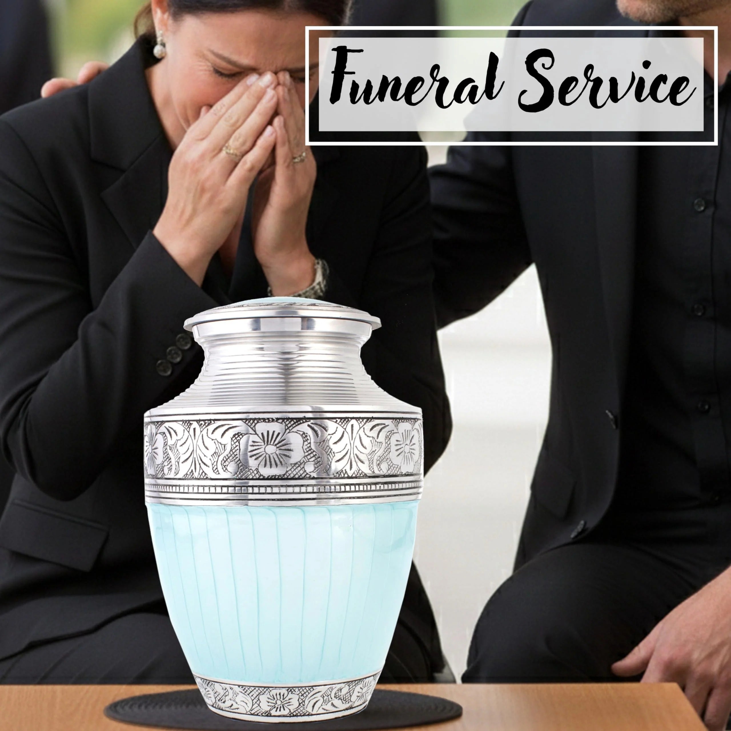 ALPHA Living HOME Cremation Urns for Human Ashes Adult – Handcrafted Aluminum Memorial Funeral Urn with Silver Engraving, Decorative Burial Urn with Secure Screw Lid, (Sky Blue & Silver)