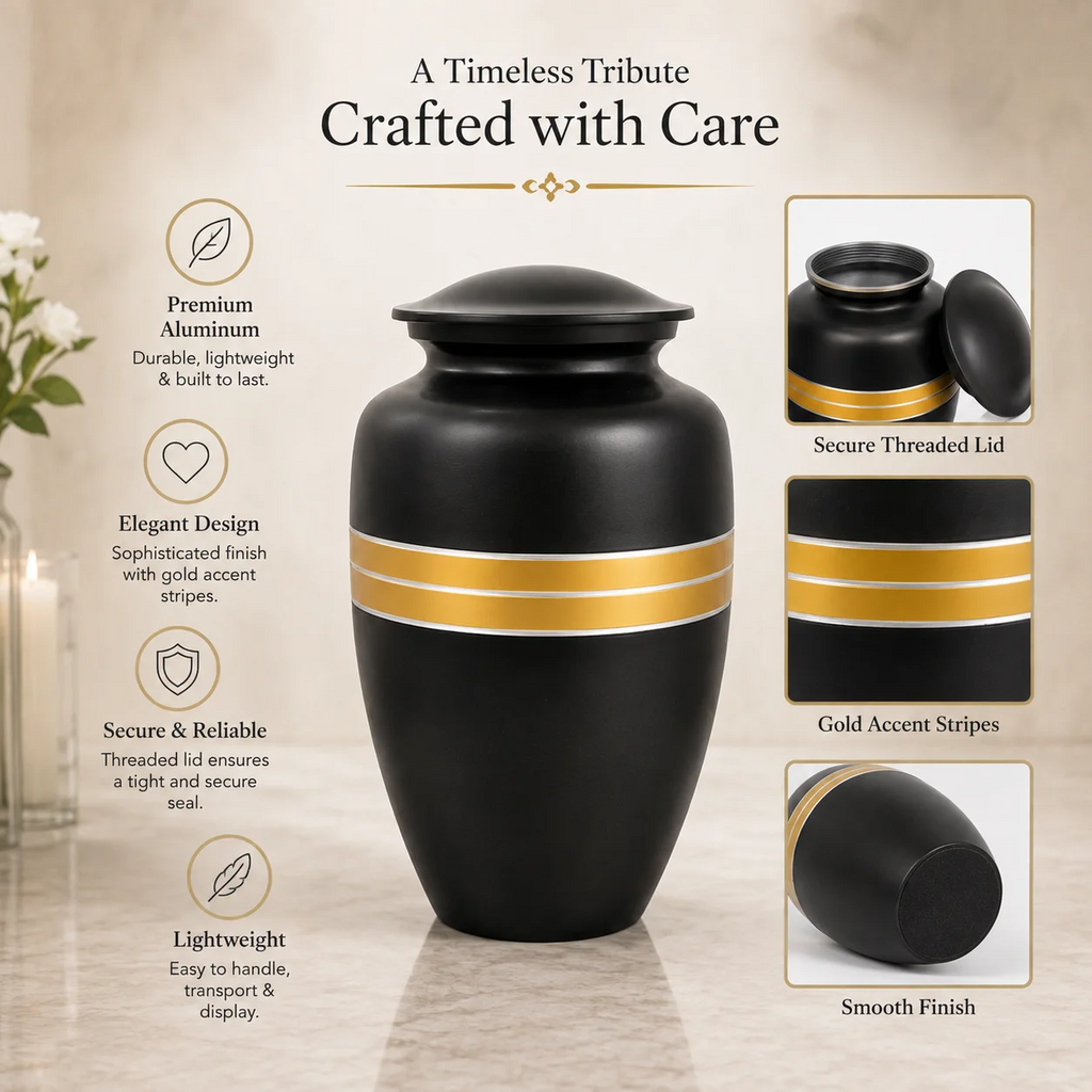 Cremation Urns for Human Ashes Memorials Urn Funeral Urns for Adult Female & Male Decorative Burial Urn Holds Large up to 220 lbs (Black Gold) - ALPHA Living HOME